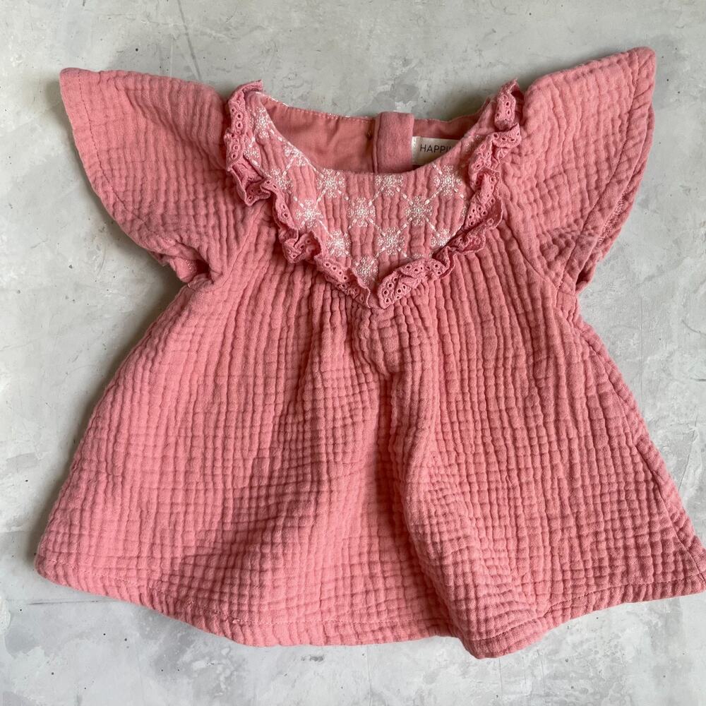 Happily Grey Baby Girl Pink Dress 6-9 M Cotton Eyelet Ruffle Embroidered Cottage